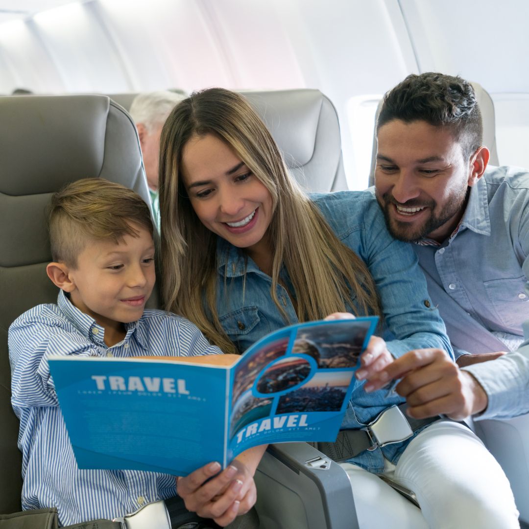 Family of three traveling on airplane