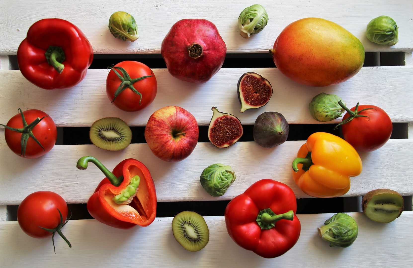 Colorful green, yellow, orange and red fruits and veggies