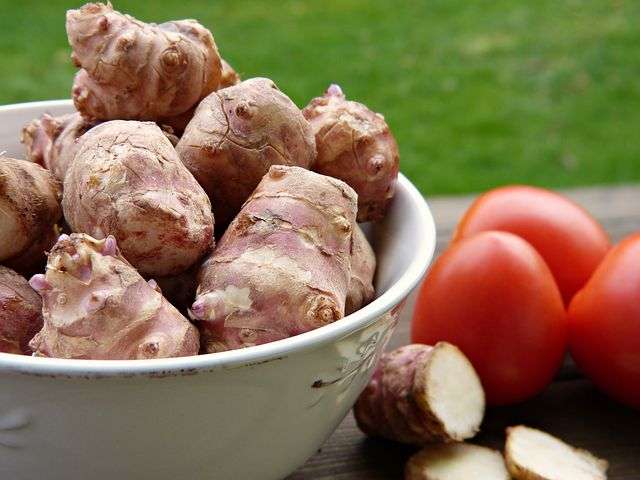 Knobby tunbers of Jerusalem artichoke in a bowl next to red tomatoes